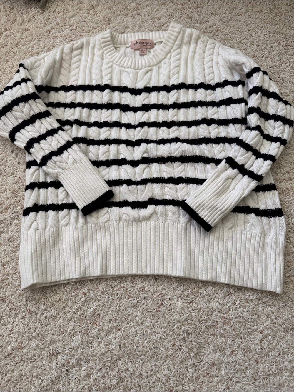 Philosophy White Cable Knit Sweater with Black Stripes